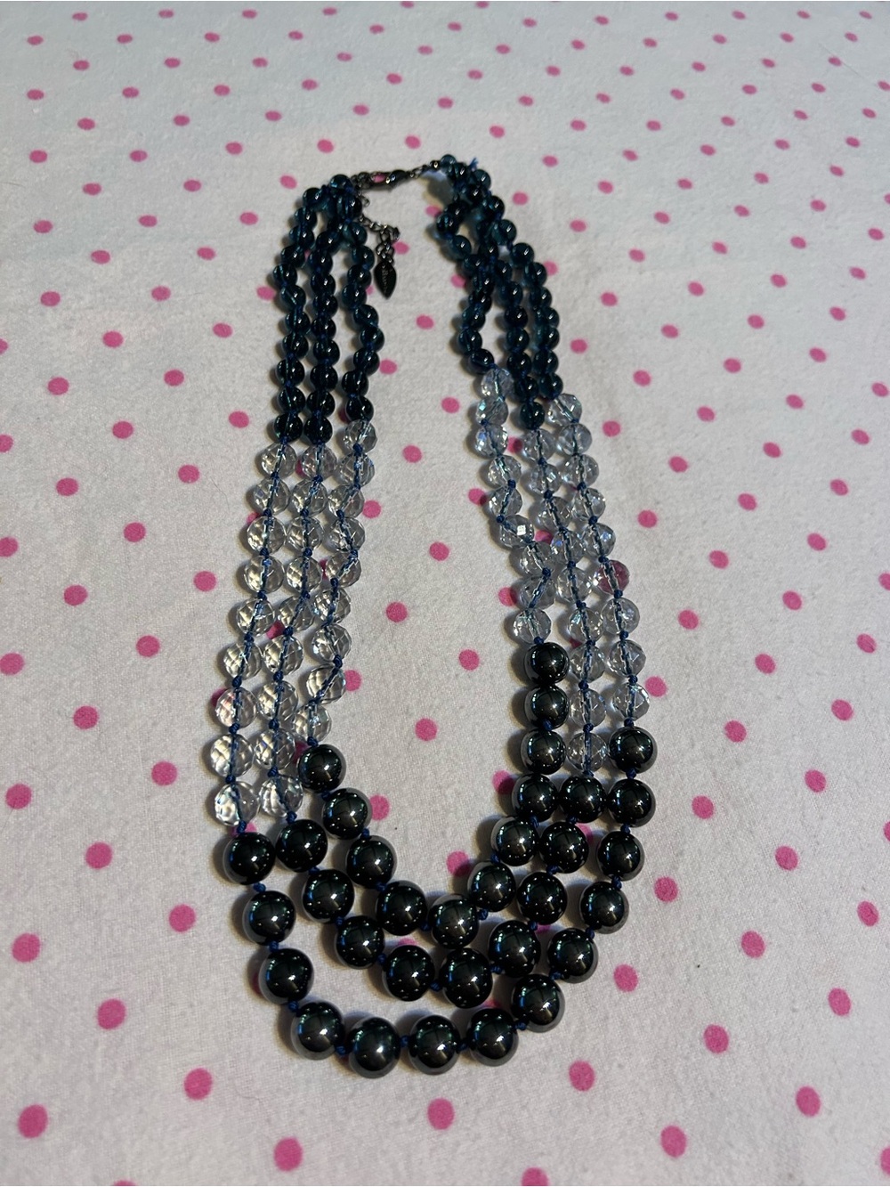 Triple-Strand Black and Clear Glass and Tourmaline Beaded Necklace